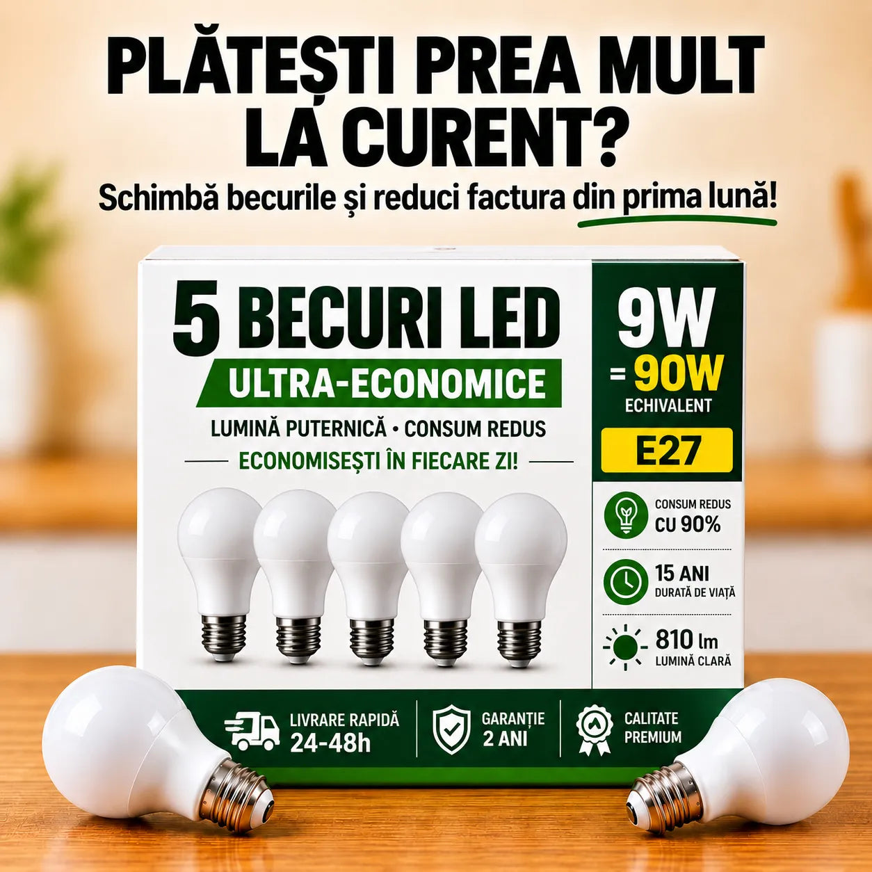 Pachet 5 Becuri LED Ultra Economice, E27, 9W (90W)