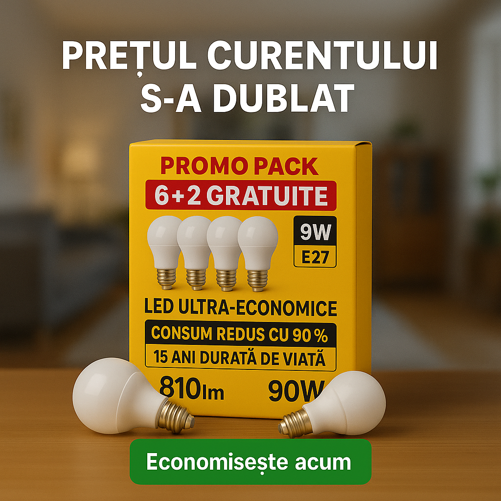 Pachet Promo 6+2 Becuri LED Ultra Economice, Consum Redus 90% la Curent, Iluminare Puternică, Durată 15 Ani