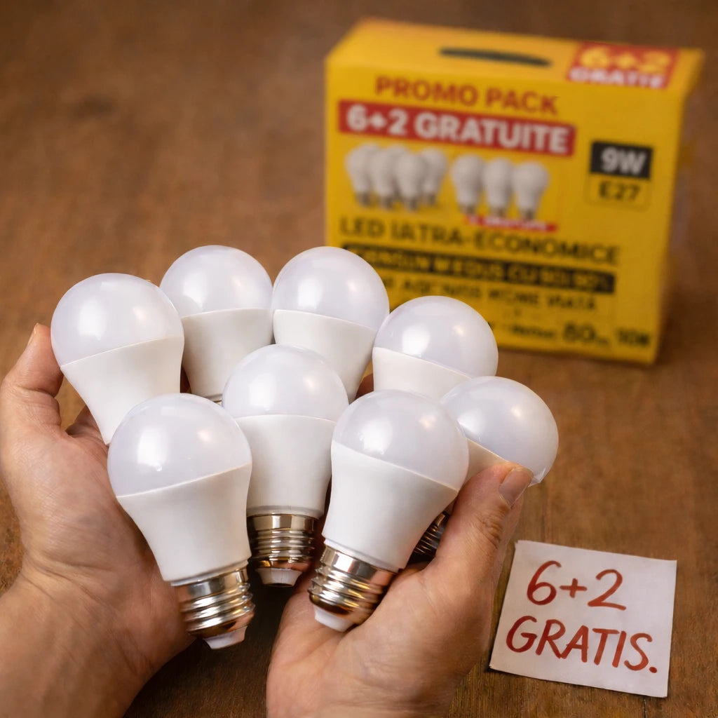 Pachet Promo 8 Becuri LED Ultra Economice (6+2 GRATIS), Consum Redus 90%, Iluminare Puternică, Durată 15 Ani