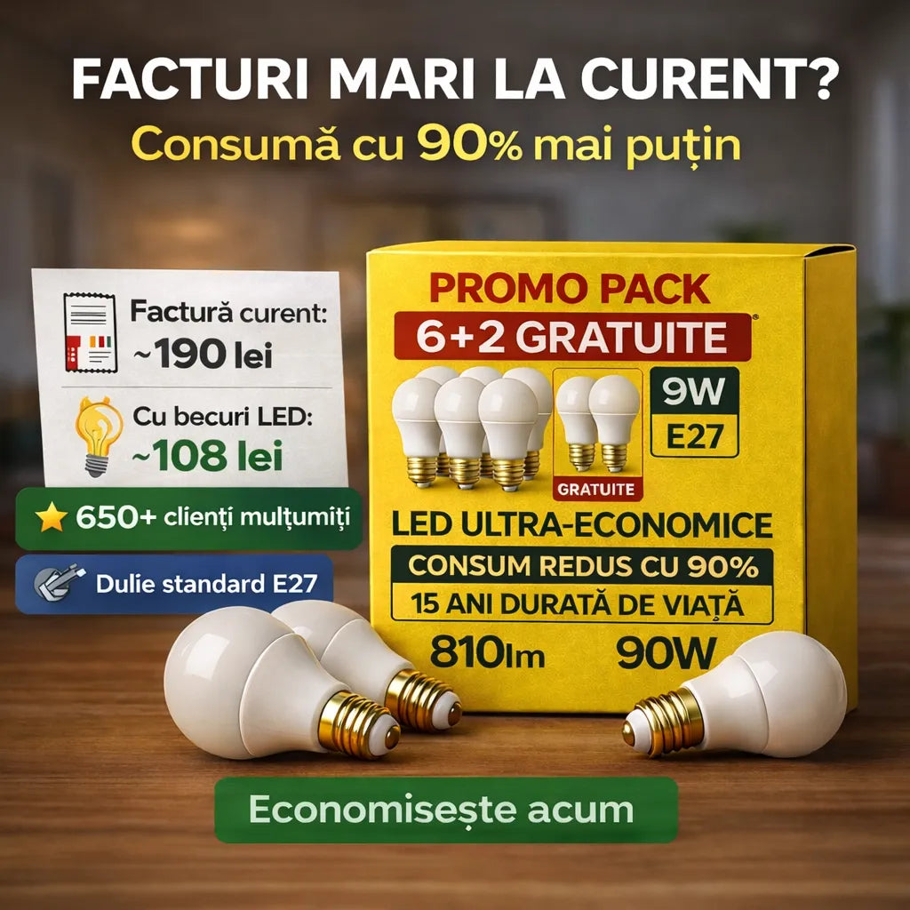 Pachet Promo 8 Becuri LED Ultra Economice (6+2 GRATIS), Consum Redus 90%, Iluminare Puternică, Durată 15 Ani